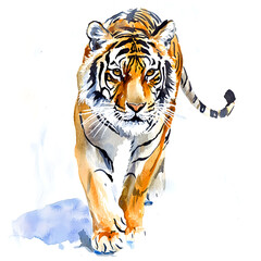 Fototapeta premium Watercolor, a simple illustration of a tiger walking, on a white background. 