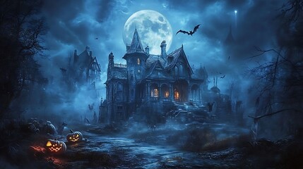 Obraz premium A Haunted Mansion on a Foggy Halloween Night