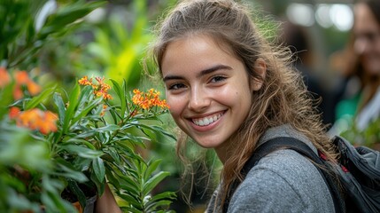 Smiling young woman explores nature with bright flowers in background