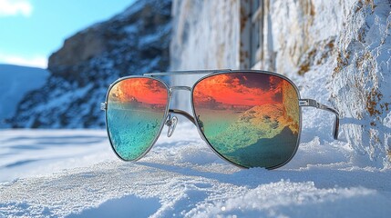 Aviator sunglasses reflecting sunset, snowy mountain backdrop