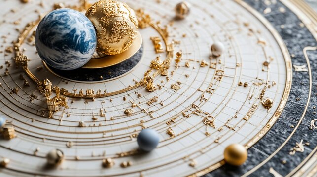 Celestial clockwork, planets orbiting, gold detail, dark background, space education
