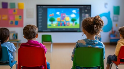 Preschoolers watch educational video on interactive board in classroom