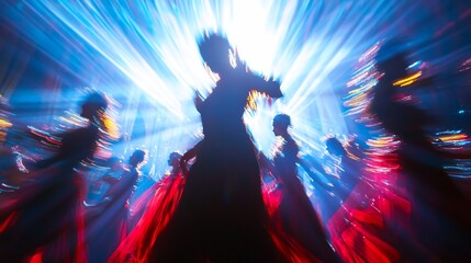 Obraz premium Ballroom dancers twirling, vibrant stage lights, motion blur, event promotion