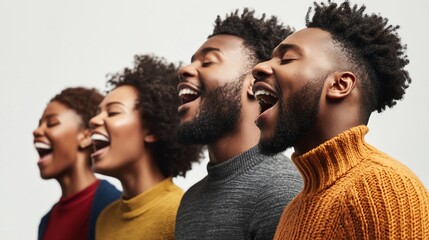 Obraz premium Joyful quartet singing, profile view, studio, white background, music promotion