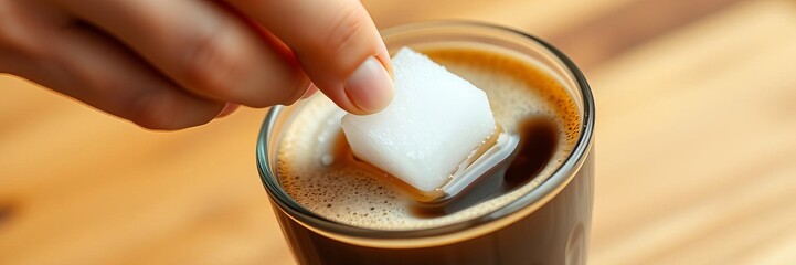 A sugar cube delicately dissolving into a steaming cup of coffee, enhancing the rich aroma and flavor, dissolve, flavor
