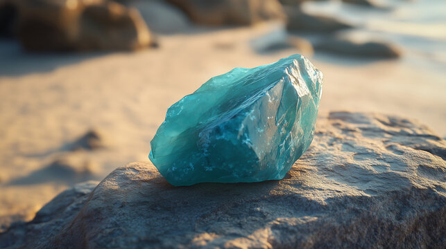 Raw aquamarine stone with natural shape and calming turquoise color, 