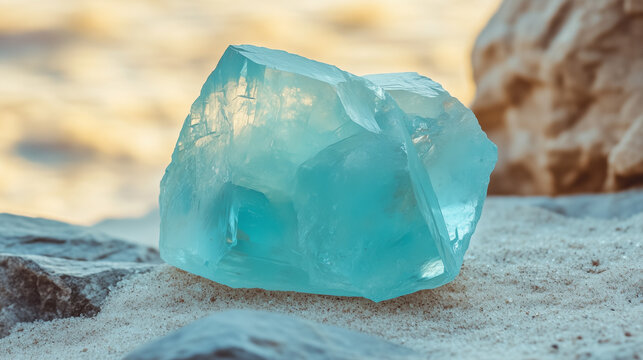 Raw aquamarine stone with natural shape and calming turquoise color, 