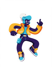 Joyful Cartoon Character in Trendy Outfit Jumping and Listening to Music