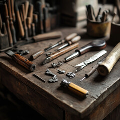 Craftsman's tools spread on a wooden workbench ready for detailed work and creation
