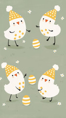 Naklejka premium Cute cartoon chicks wearing hats play with decorated eggs in cheerful scene