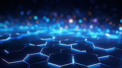 Naklejka premium A futuristic hexagonal pattern with glowing blue elements and a bokeh background.