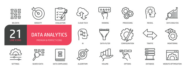 Set of line icons big data, data analysis, AI, cloud tech, data compliance. Outline icons collection. Editable stroke. Vector illustration. stock illustration
