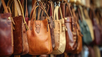 Handmade leather bags displayed at outdoor market stall