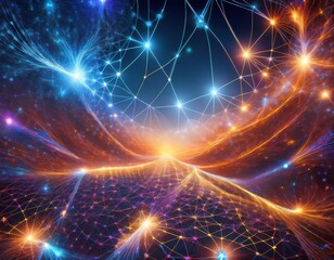 Obraz premium A mesmerizing fractal pattern resembling an AI neural network, with nodes and connections radiating vibrant energy in a cosmic digital space