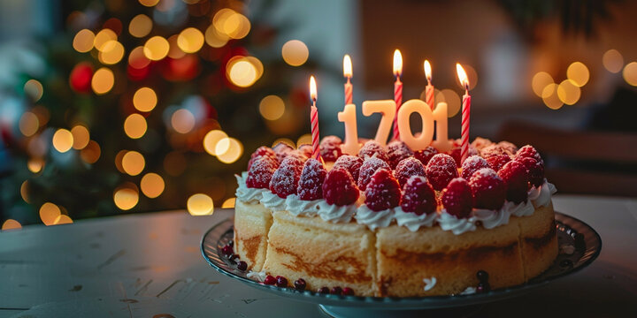 A birthday cake with lit candles forming the number '1701', decorated with raspberries, against a bokeh light background.

