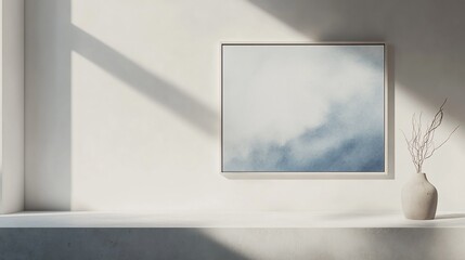 Modern blue art hangs in sunlit minimalist room