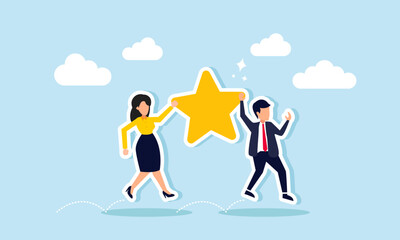 A businessman and businesswoman together carry a star with joy, illustration of a joint venture or business collaboration to improve business quality