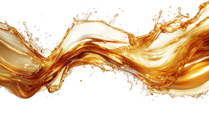 Golden liquid splashing wave on black background for beverage ad