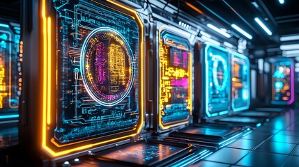 Obraz premium futuristic tech interface screens, neon lights - cyberpunk aesthetics