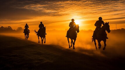 Four silhouetted riders on horseback ride through the field at sunrise
