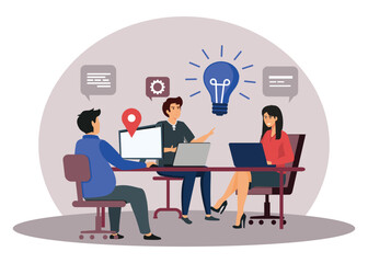 Business communication concept. Group of employees discussing idea at table.