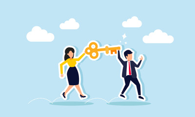 A businessman and businesswoman together carry a key with joy, illustration of a joint venture or business collaboration to find business solutions