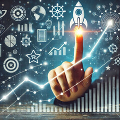 An illustrative image of a hand touching a rocket icon, with other data-related graphics, likely intended for content generation purposes.