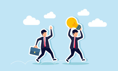 A businessman chases another businessman carrying a lamp, illustration of seeking business ideas and innovations through consultation with a business partner