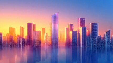 Obraz premium Futuristic Cityscape at Dusk with Glowing Windows and Reflective Surfaces Under a Vibrant Sunset Sky Illuminating the Urban Horizon