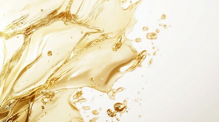 Golden liquid splash, white background, beverage advertising