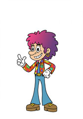 Funky Cartoon Character with Psychedelic Shirt Bell Bottoms and Pink Hair Gesturing