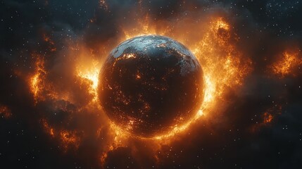 Obraz premium Fiery Celestial Inferno: A Burning Planet's Cosmic Dance
