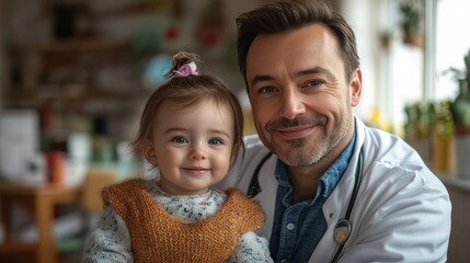 Pediatrician monitoring infant's heart rate during check-up in a medical examination room setting, child healthcare concept