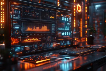 Futuristic Tech Dashboard:  Cyberpunk Workstation with  Data Visualization and  Intricate Orange and Blue  Interface