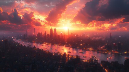 Fototapeta premium Fiery Sunset over Shanghai Skyline: A breathtaking digital artwork depicting a vibrant sunset casting an orange glow over the city's iconic skyline and river.
