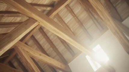Sunlit Attic Wooden Beams, Roof Structure, Interior Design