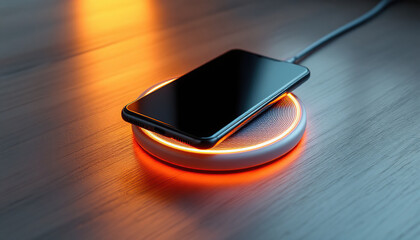 Smartphone charging wirelessly on illuminated pad