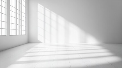 Obraz premium Sunlight streams into empty white room, showcasing spacious interior for design