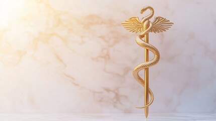 Golden caduceus on marble, healthcare symbol