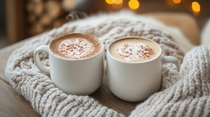 Two steaming mugs of cappuccino nestled on a cozy knitted blanket. Perfect for a chilly evening.