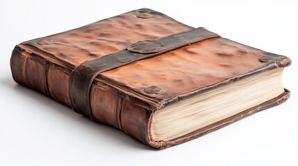 Antique leather journal, aged pages, studio shot, white background, history