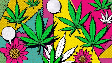 A dynamic pop-art collage with bold cannabis leaves, neon colors, and graphic elements. A playful...