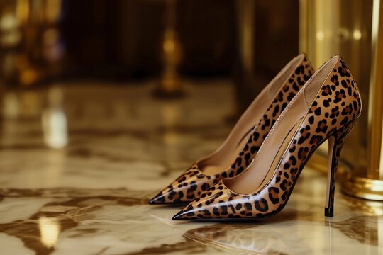 Luxurious leopard print stiletto heels elegantly placed on a polished marble floor with a golden backdrop, perfect for high-end fashion and glamour - Powered by Adobe