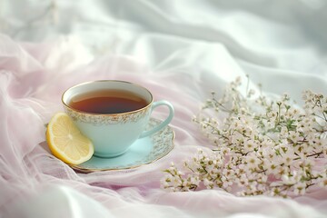 Fototapeta premium Elegant Cup of Tea with Lemon and Flowers