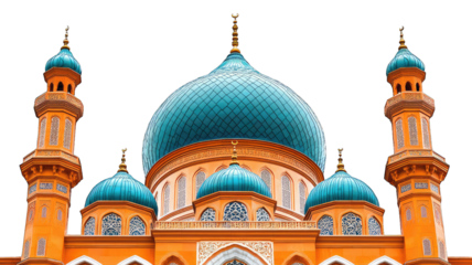 Grand mosque domes, ornate architecture, clear sky backdrop, spiritual/tourism use