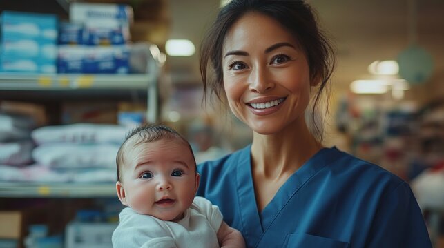Smiling nurse holding baby, store background, healthcare advertising