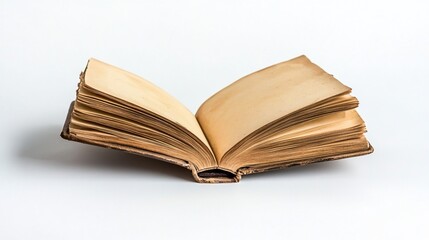 Obraz premium Antique book open, aged pages, white background, blank pages, design element