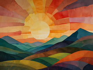 This minimalist illustration captures mountains with a serene sun.