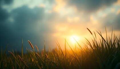 Fototapeta premium Golden Sunset Grass Field Landscape Image