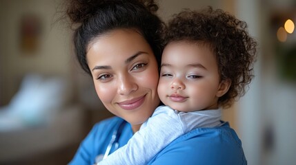 Nurse holding baby, home visit, blurred background, healthcare
